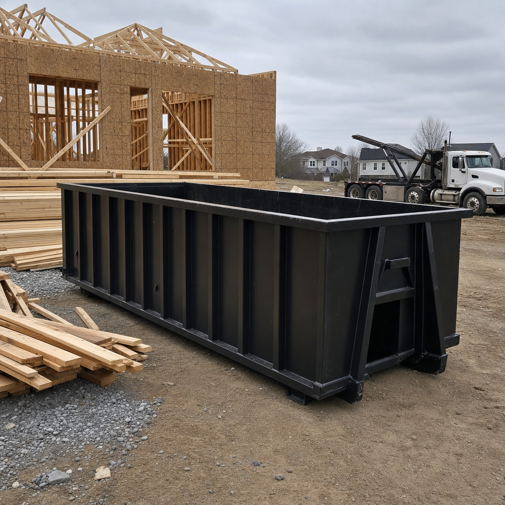 Matte-black 40-yard roll-off dumpster staged on a framed-out residential construction site in Mission Viejo, framing lumber stacked nearby, hooklift delivery truck visible in the background under bright Colorado daylight