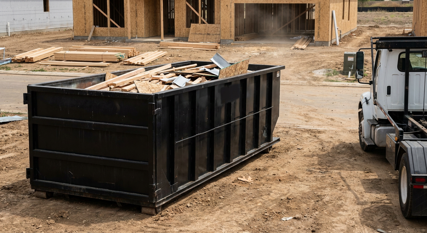 Matte-black 20-yard roll-off construction dumpster with heavy ribbed steel sidewalls and swing rear doors at a working jobsite in Mission Viejo, sitting directly on compacted dirt with an unmarked white hauler partially visible at the far edge of the frame.