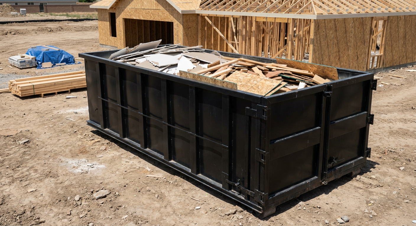 Matte-black 30-yard roll-off construction dumpster sitting directly on the compacted-dirt site of a framed single-family home build in Mission Viejo, drywall and lumber scrap loaded inside.
