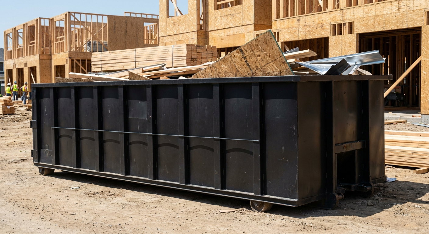 Matte-black 40-yard roll-off construction dumpster being lowered from a white-cab hooklift delivery truck onto the compacted-dirt jobsite at a commercial build site in Mission Viejo