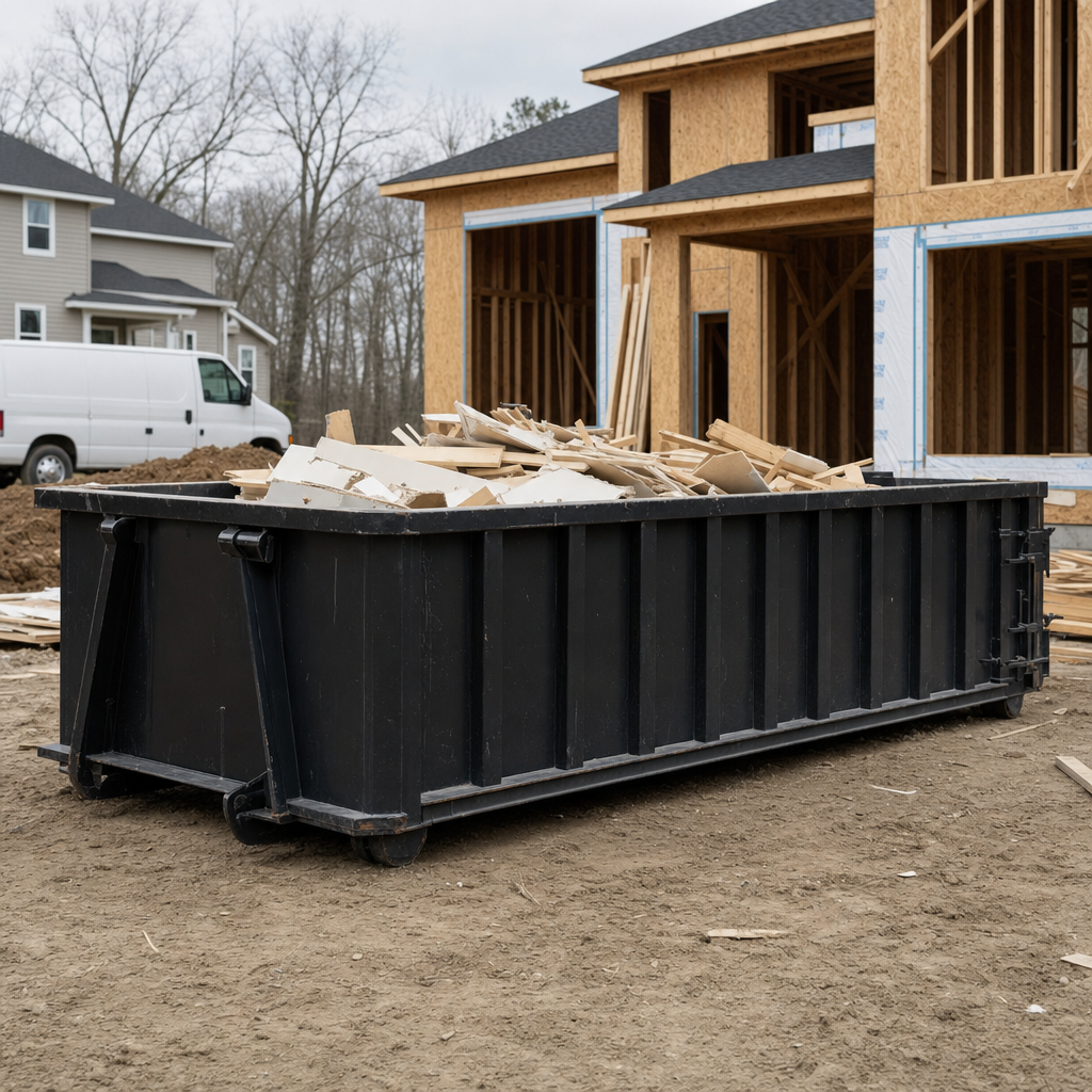 Worker in a yellow high-visibility vest tossing framing lumber and broken drywall into a matte-black 30-yard construction roll-off dumpster on an active build site in Mission Viejo, bright daylight