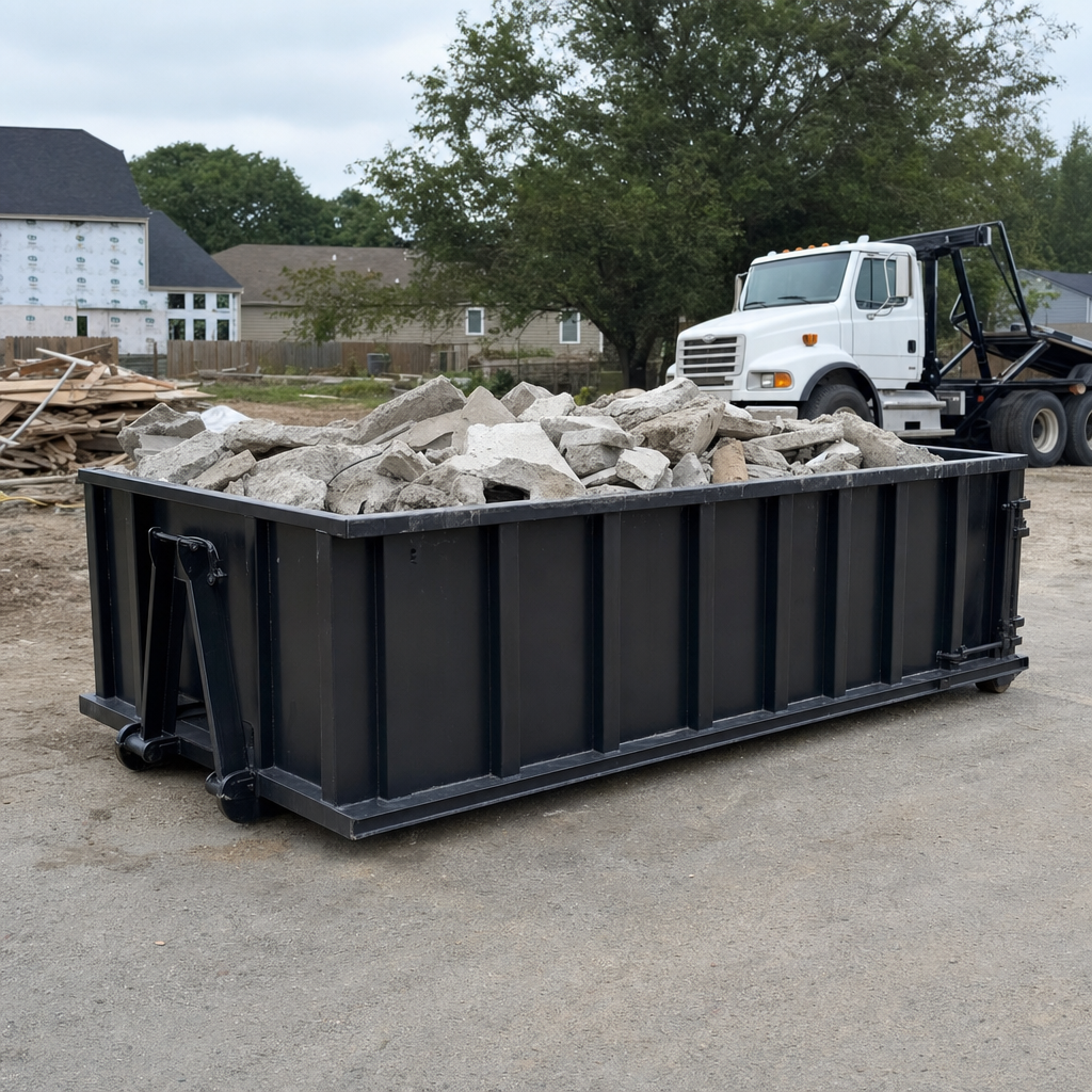Low-profile matte-black lowboy roll-off dumpster loaded with broken concrete slab and rebar at a foundation tear-out in Mission Viejo, skid steer parked beside it, sunny Colorado morning