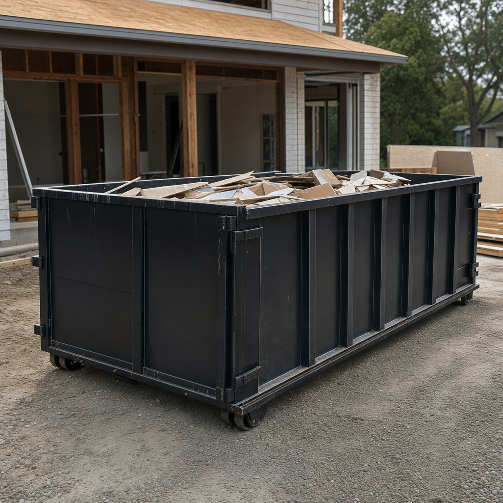 Large matte-black 30-yard construction roll-off dumpster at an active Mission Viejo jobsite, steel-gray top rails and bottom rollers visible, loaded with construction debris.
