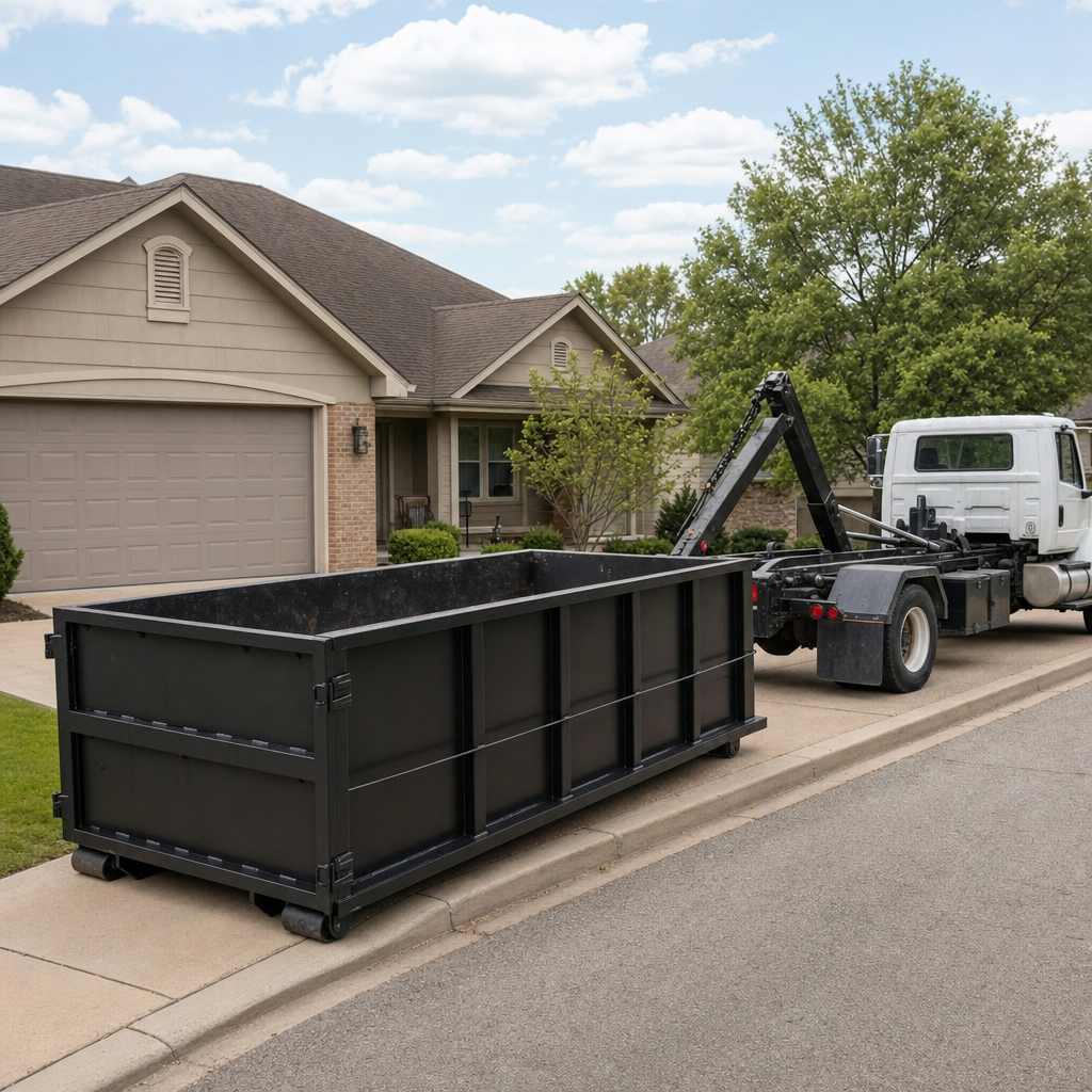 Wide documentary shot of a matte-black roll-off dumpster on a Mission Viejo residential driveway in the foreground and a contractor jobsite container in the soft-focus background, bright daylight, calm and orderly composition.