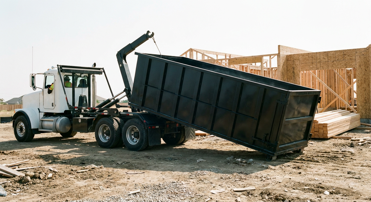 Matte-black roll-off dumpster being delivered onto a clean residential concrete driveway in Mission Viejo by an unmarked white hooklift hauler truck, bright morning daylight, documentary 35mm perspective.