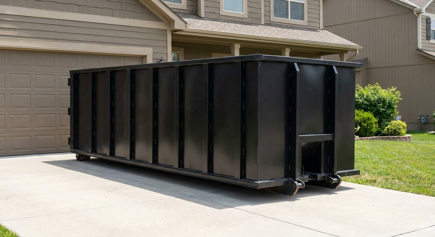 Matte-black residential roll-off dumpster sitting directly on a suburban Mission Viejo concrete driveway, garage door closed, single-family home in background, bright morning daylight.