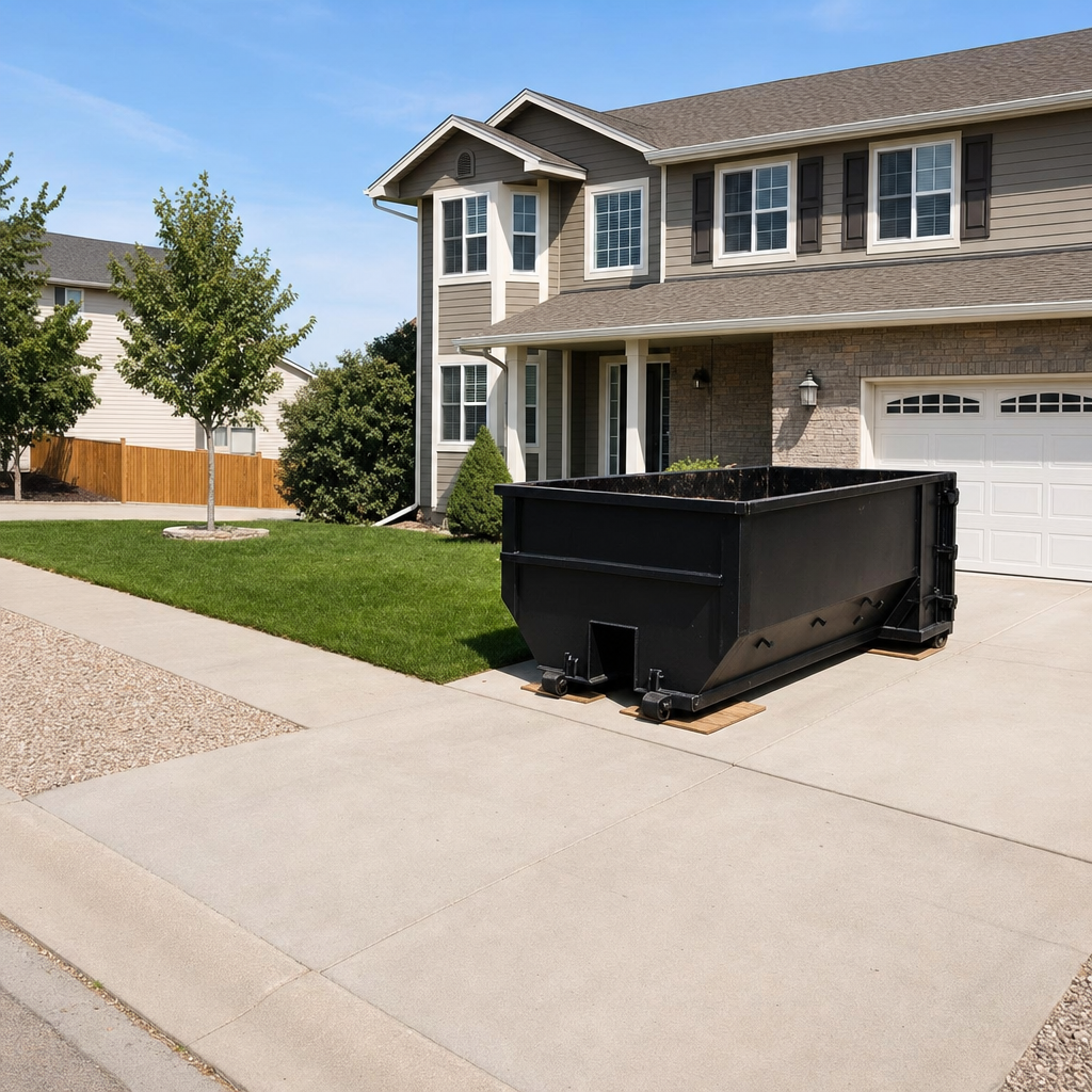10-yard matte-black residential dumpster placed directly on a narrow Mission Viejo concrete driveway, room remains for a parked sedan beside it, mid-morning natural light