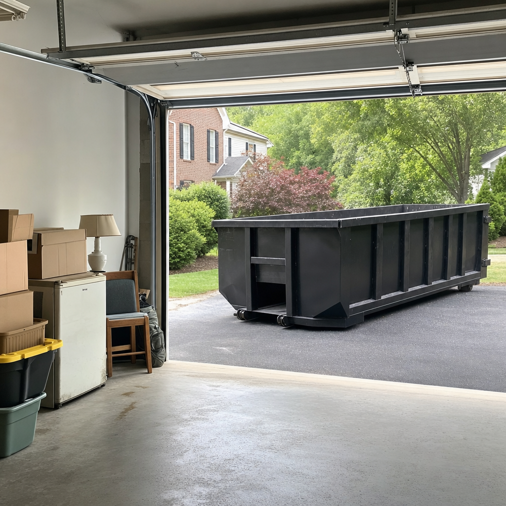 Open garage interior in a Mission Viejo home mid-cleanout — boxed items, an old appliance, and stacked yard tools queued near the driveway for a matte-black roll-off dumpster, organized and calm