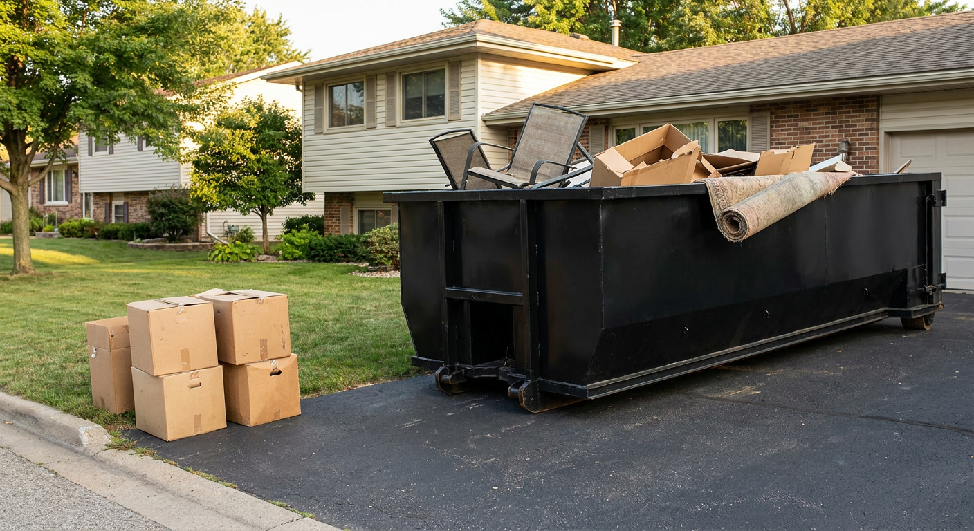 Front-yard view of a Mission Viejo split-level home with a 20-yard matte-black roll-off dumpster sitting directly on the asphalt driveway, a few clearly labeled donation boxes staged at the curb, calm sunny afternoon.