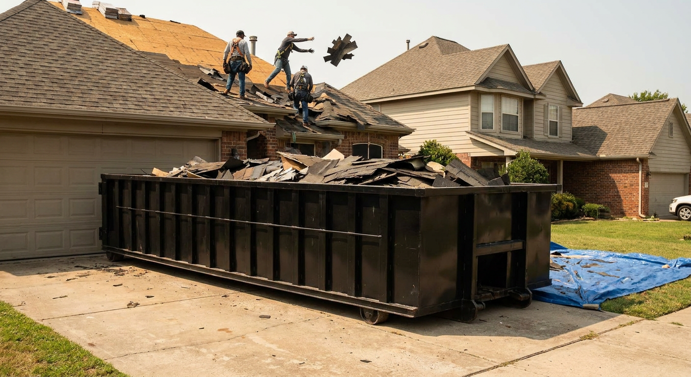 Matte-black roofing roll-off dumpster placed directly on a Mission Viejo residential concrete driveway, a tear-off crew on a two-story asphalt-shingle roof tossing shingle bundles into the low-walled container, bright daylight, documentary 35mm perspective.