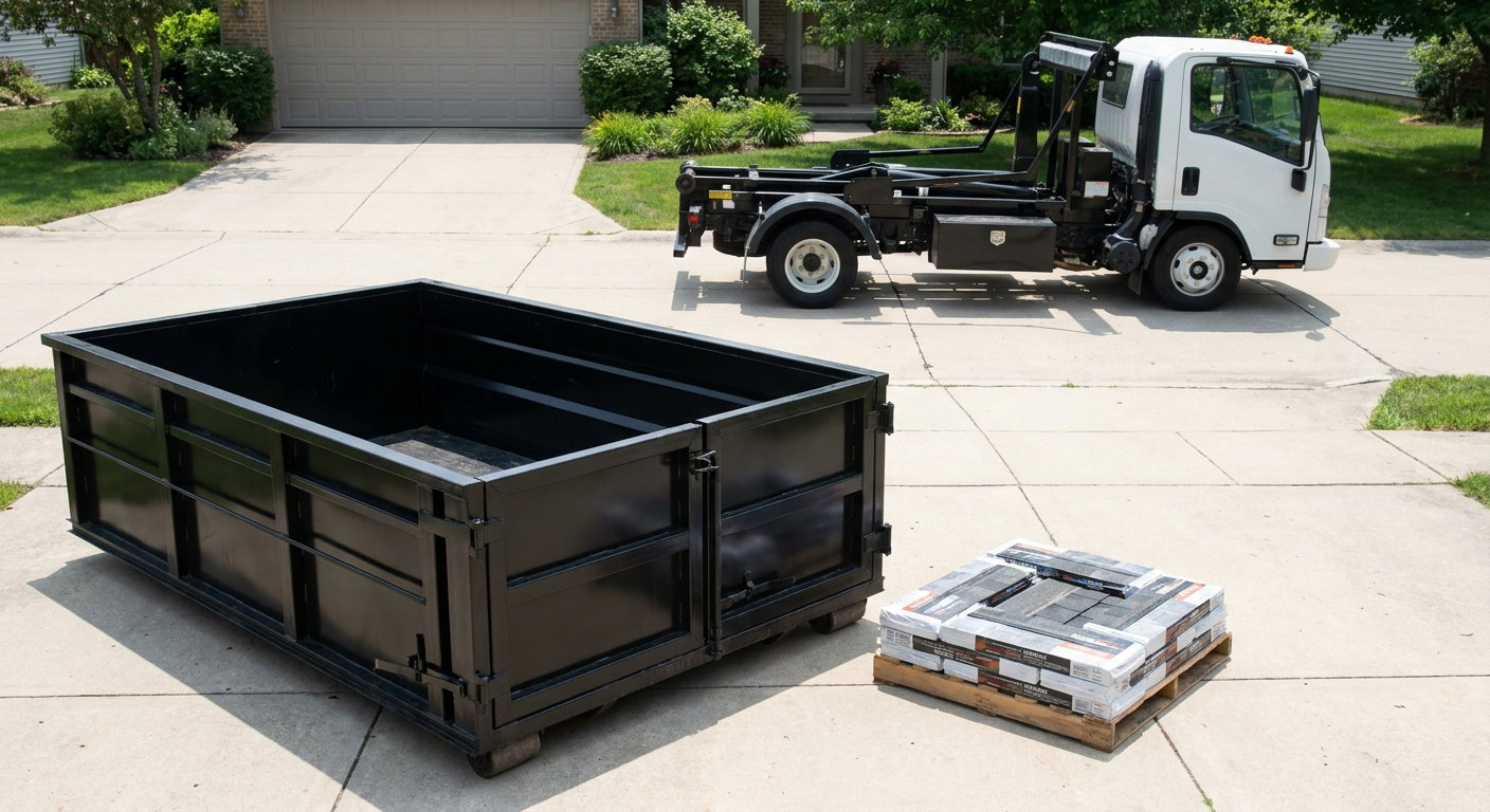 Matte-black 15-yard roofing roll-off dumpster with reinforced low side walls sitting directly on a Mission Viejo residential concrete driveway, three-tab asphalt shingle bundles stacked nearby, an unmarked white hauler truck partially visible at the edge of the frame.