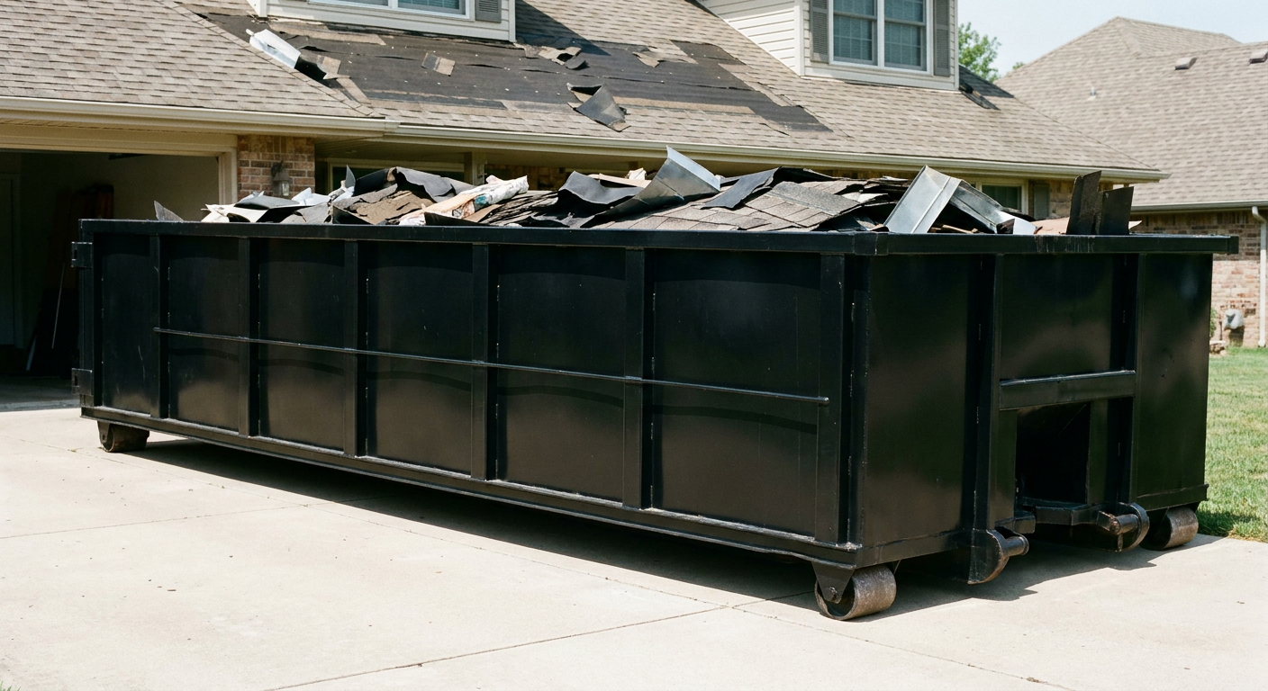Matte-black 20-yard roofing roll-off dumpster with steel ribbed sides and swinging rear door, sitting directly on the concrete driveway of a two-story Mission Viejo home, asphalt shingle debris being loaded over the low wall, clean documentary lighting.