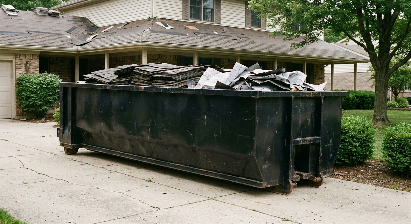 Matte-black 30-yard roofing roll-off dumpster sitting directly on a Mission Viejo concrete driveway, taller ribbed steel side panels, mixed tear-off debris of asphalt shingles and underlayment inside, professional documentary daylight.