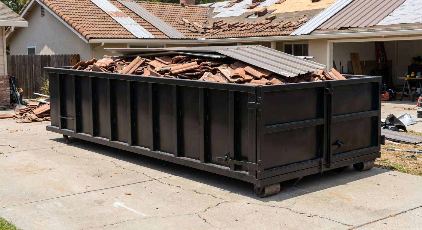 Matte-black low-wall heavy-debris roofing roll-off dumpster sitting directly on a Mission Viejo concrete driveway, broken concrete clay roof tiles and metal panel sections loaded inside, reinforced ribbed steel side walls visible, bright outdoor daylight.