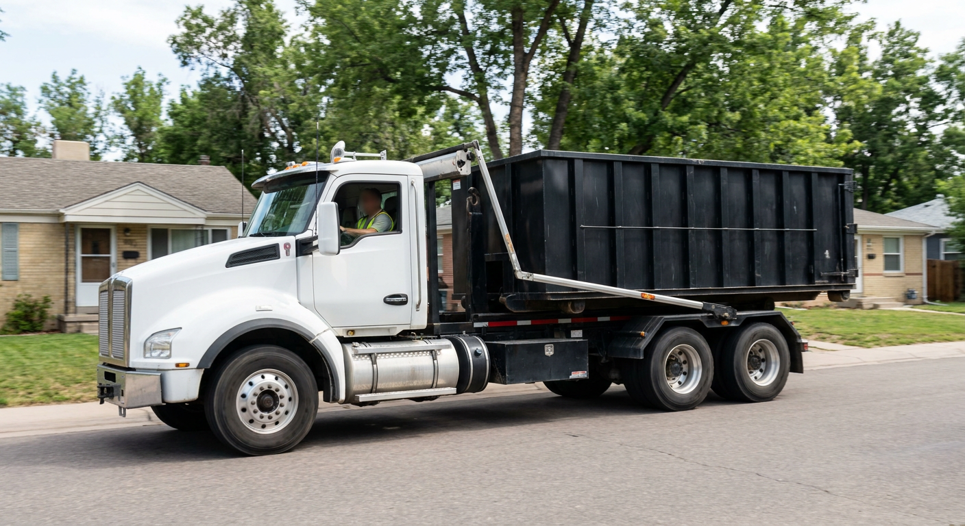 A wide documentary shot of a matte-black roll-off delivery truck pulling onto a quiet Mission Viejo residential street at mid-morning, with neighborhood rooftops and tree-lined blocks visible behind, showing the metro coverage footprint.