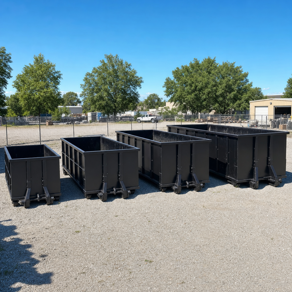 A clean lineup of matte-black roll-off dumpsters in 10, 20, 30, and 40-yard sizes staged on a sunlit gravel yard in Mission Viejo, showing the size progression from compact to commercial-scale containers.