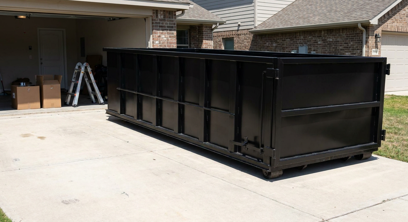 A matte-black 10-yard roll-off dumpster sitting directly on a residential Mission Viejo concrete driveway, mid-day sunlight, clean and ready for a garage cleanout.