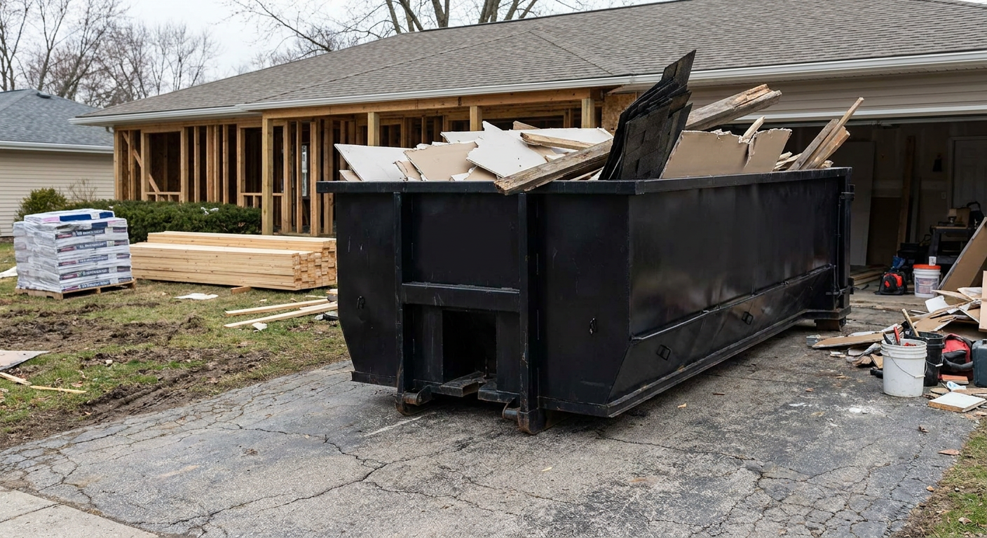 A matte-black 20-yard roll-off dumpster placed alongside a mid-renovation Mission Viejo home directly on the asphalt driveway, with framing materials and torn-off shingles staged neatly nearby.