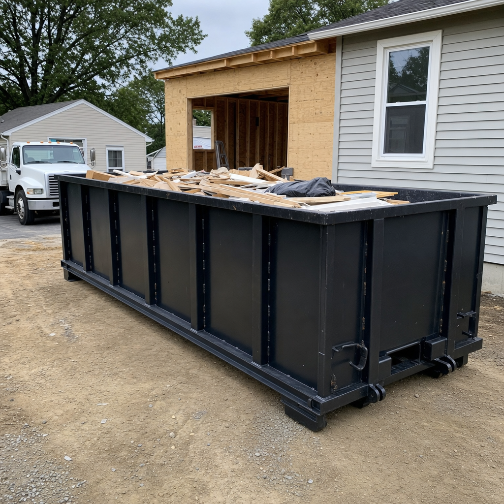 A matte-black 30-yard roll-off dumpster positioned at a Mission Viejo residential addition jobsite, with framing lumber and drywall scraps loaded through the open swinging rear doors.