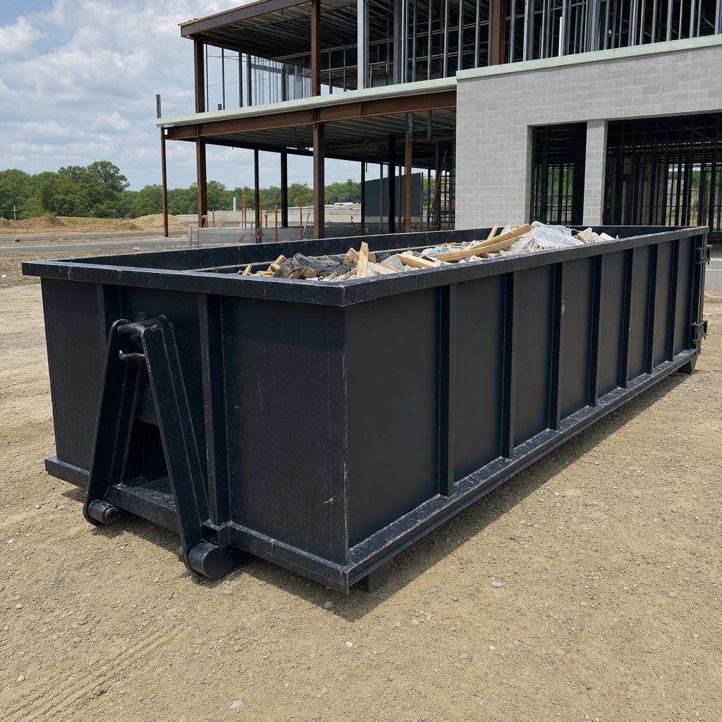 A matte-black 40-yard roll-off dumpster staged on a large Mission Viejo commercial construction lot, with a hooklift delivery truck parked alongside under bright midday sky.