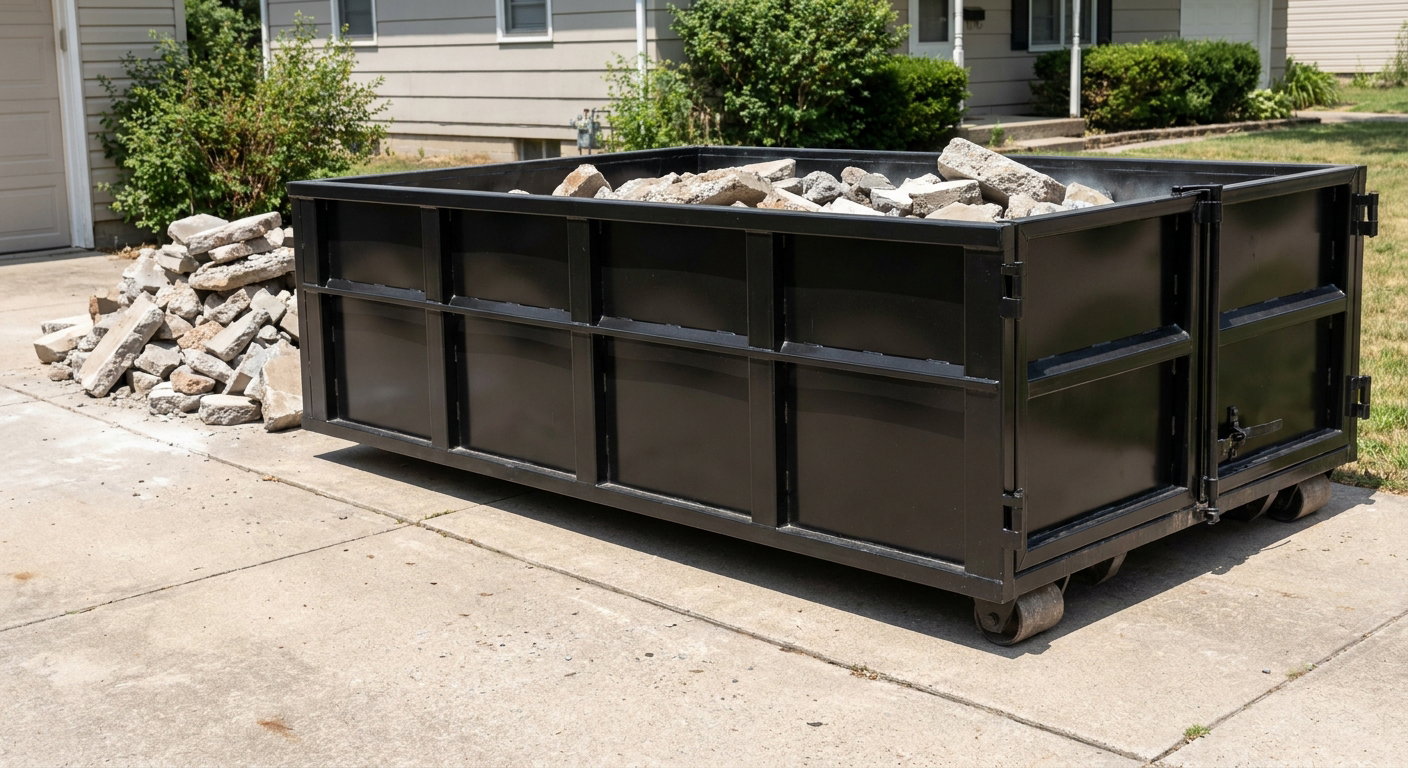 A matte-black low-side heavy-debris roll-off dumpster placed directly on a Mission Viejo concrete driveway, with broken concrete chunks neatly stacked beside it under clean daylight.